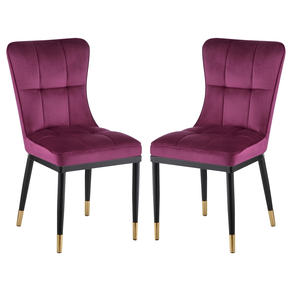 Velvet Upholstered Dining Chairs with Checked Pattern   Metal Legs