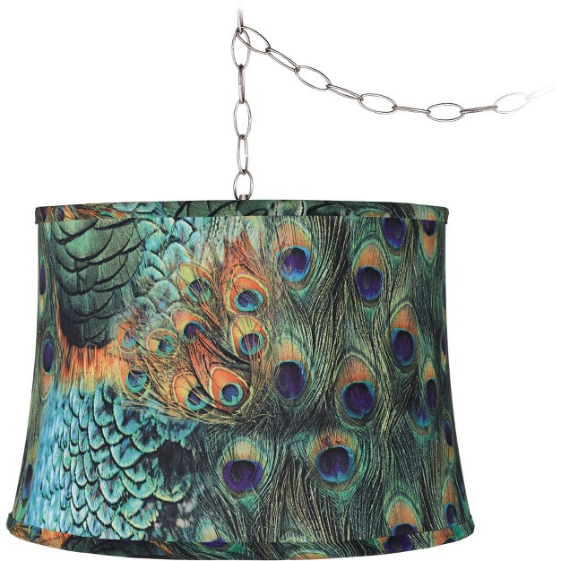 Wide Modern Plug In Peacock Drum Shade For Dining Room House Foyer Kitchen Island Entryway Home