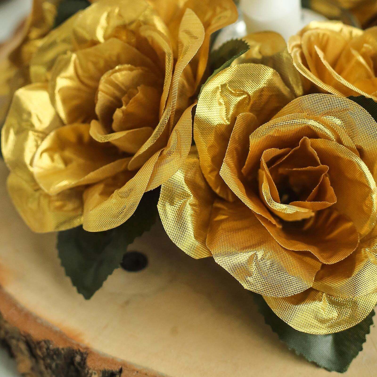 4 Pack Gold Artificial Silk Rose Flower Candle Ring Wreaths 3