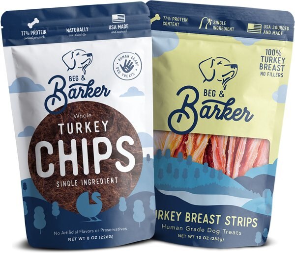 Beg and Barker Whole Turkey Jerky Strip and Chips Natural Single Ingredient Dog Treats， 10-oz and 8-oz， case of 2