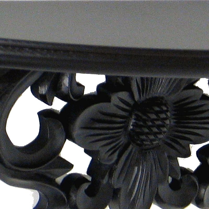 Hand Carved Wooden Moonbay Wall Shelf in Floral Design， Black