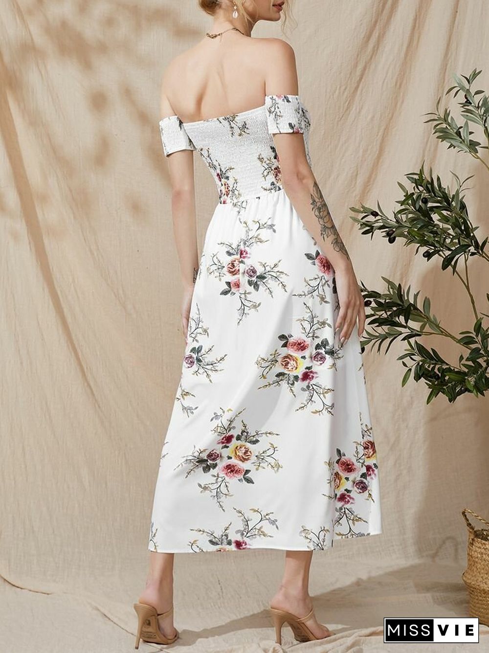 Flower Print Short Sleeve Asymmetrical Hem Maxi Dress