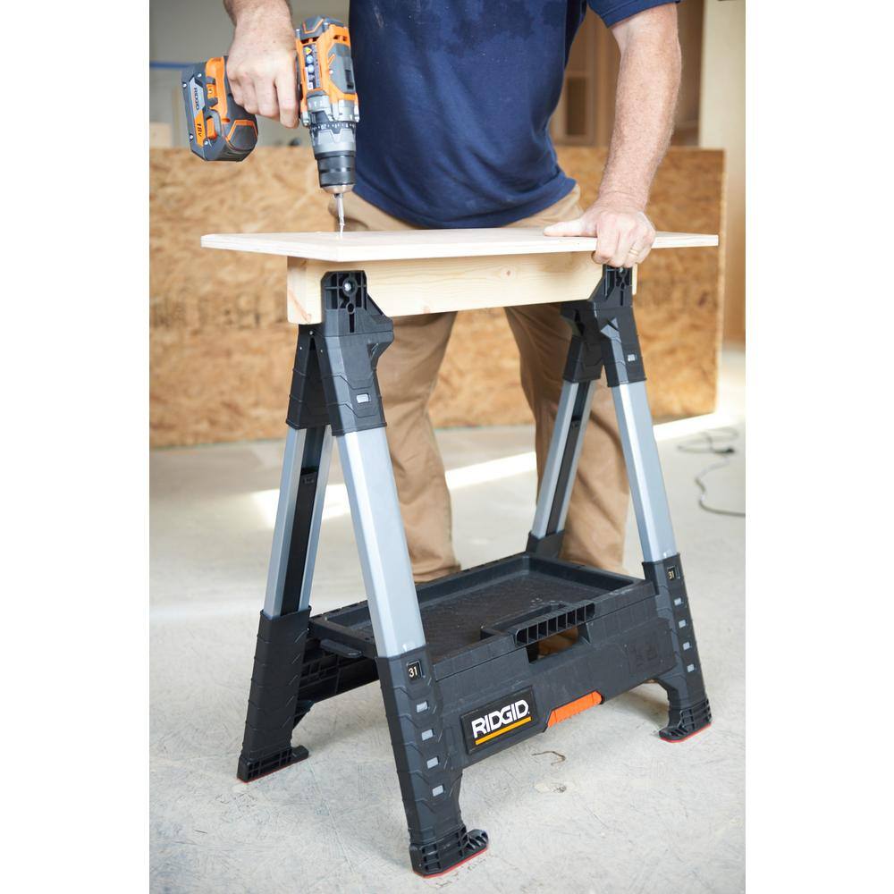 RIDGID 32 in. Polypropylene Folding Sawhorse with Adjustable Metal Legs 230710