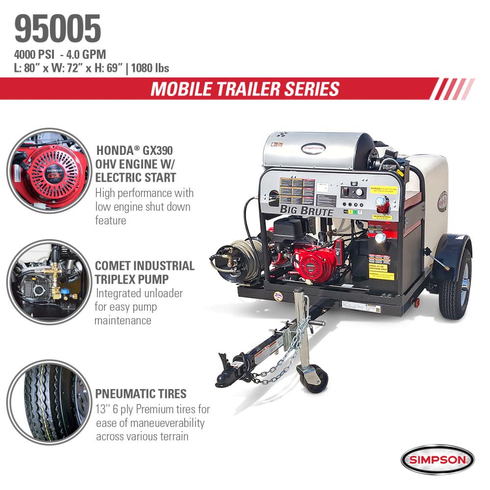 Simpson Hot Water Professional Gas Pressure Washer Trailer 4000 PSI ;