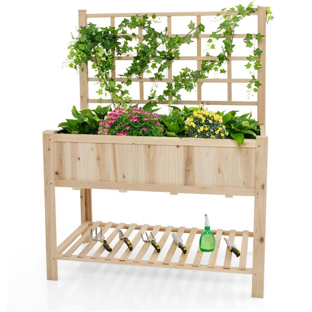 HONEY JOY 48 in. x 23 in. x 63 in. Wood Raised Garden Bed with Trellis Elevated Planter Box with Bed Liner Bottom Storage Shelf TOPB006552