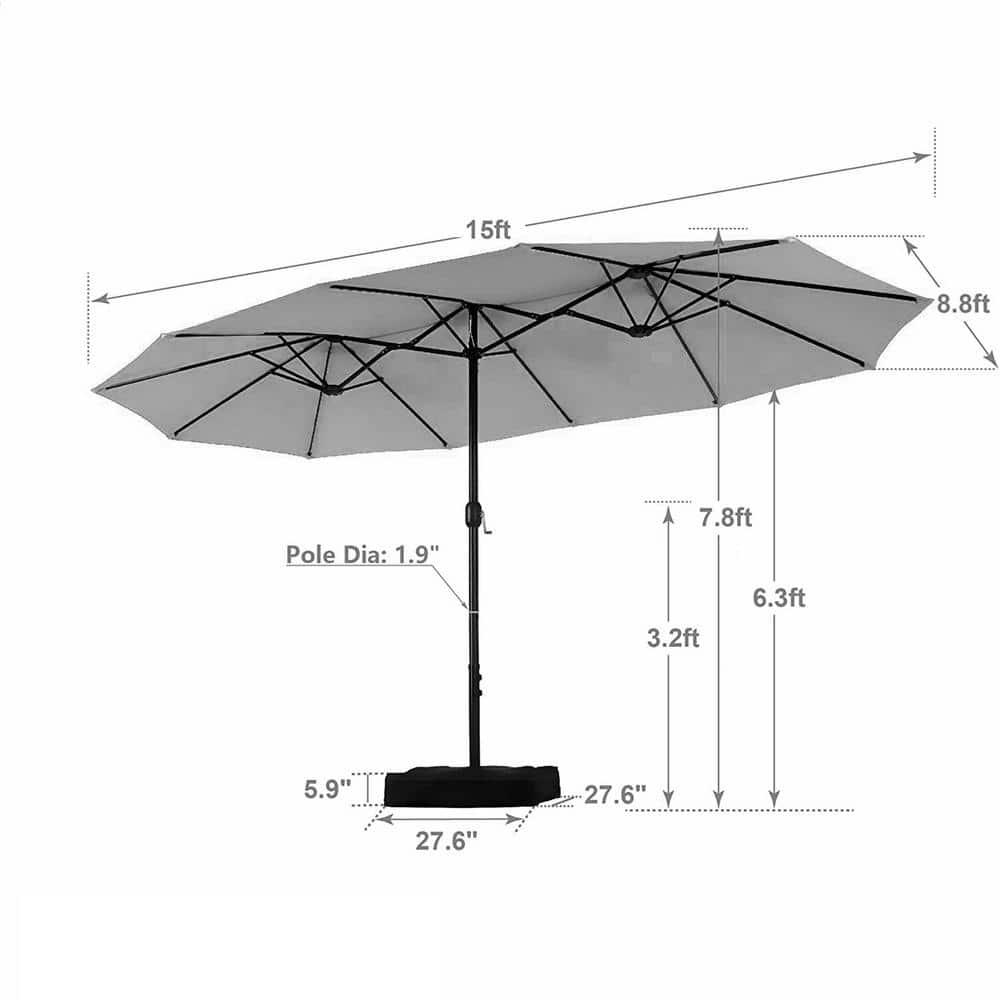 PHI VILLA 15 ft Market Patio Umbrella 2Side in Beige With Base and Sandbags