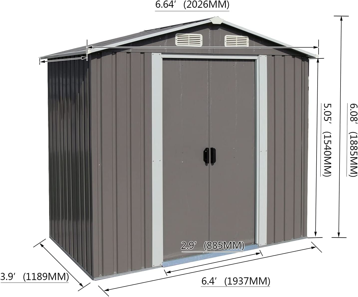 Kinbor 6' x 4' Outdoor Steel Storage Shed Grey with Sliding Door