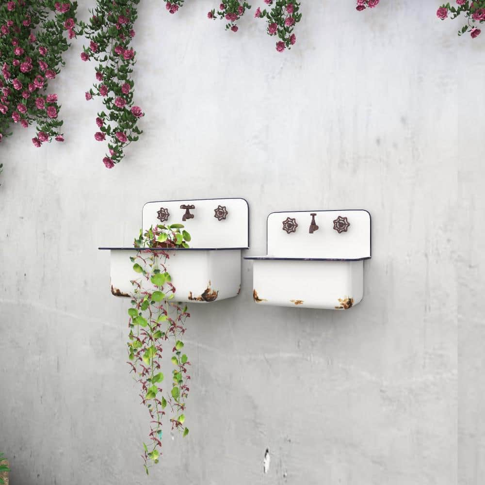 Litton Lane 13 in. Medium White Metal Indoor Outdoor Sink Wall Planter (2- Pack) 43748