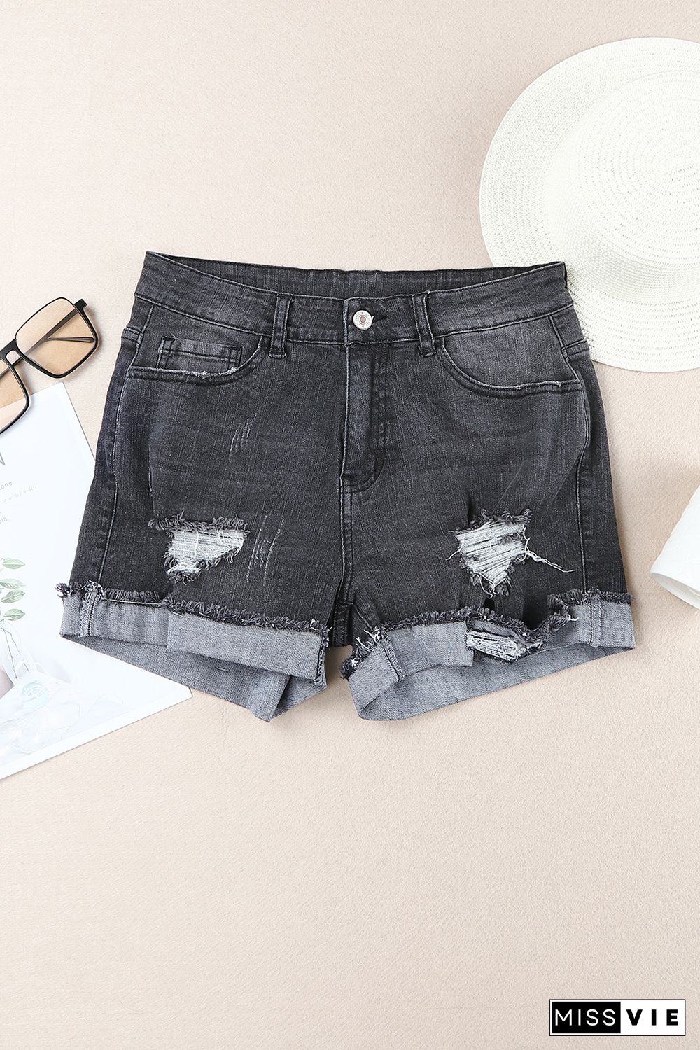 Distressed Ripped Rolled Hem Black Denim Shorts