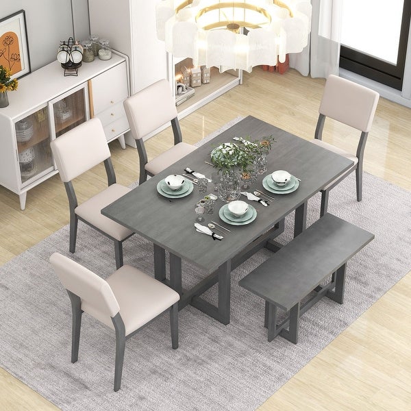 Wooden six-piece dining table H-shaped support design Dining table four chairs upholstered one wooden stool