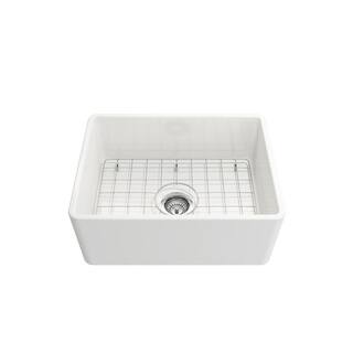 Glacier Bay Farmhouse Apron-Front Fireclay 24 in. Single Bowl Kitchen Sink in White with Bottom Grid 3ABRB-37-001