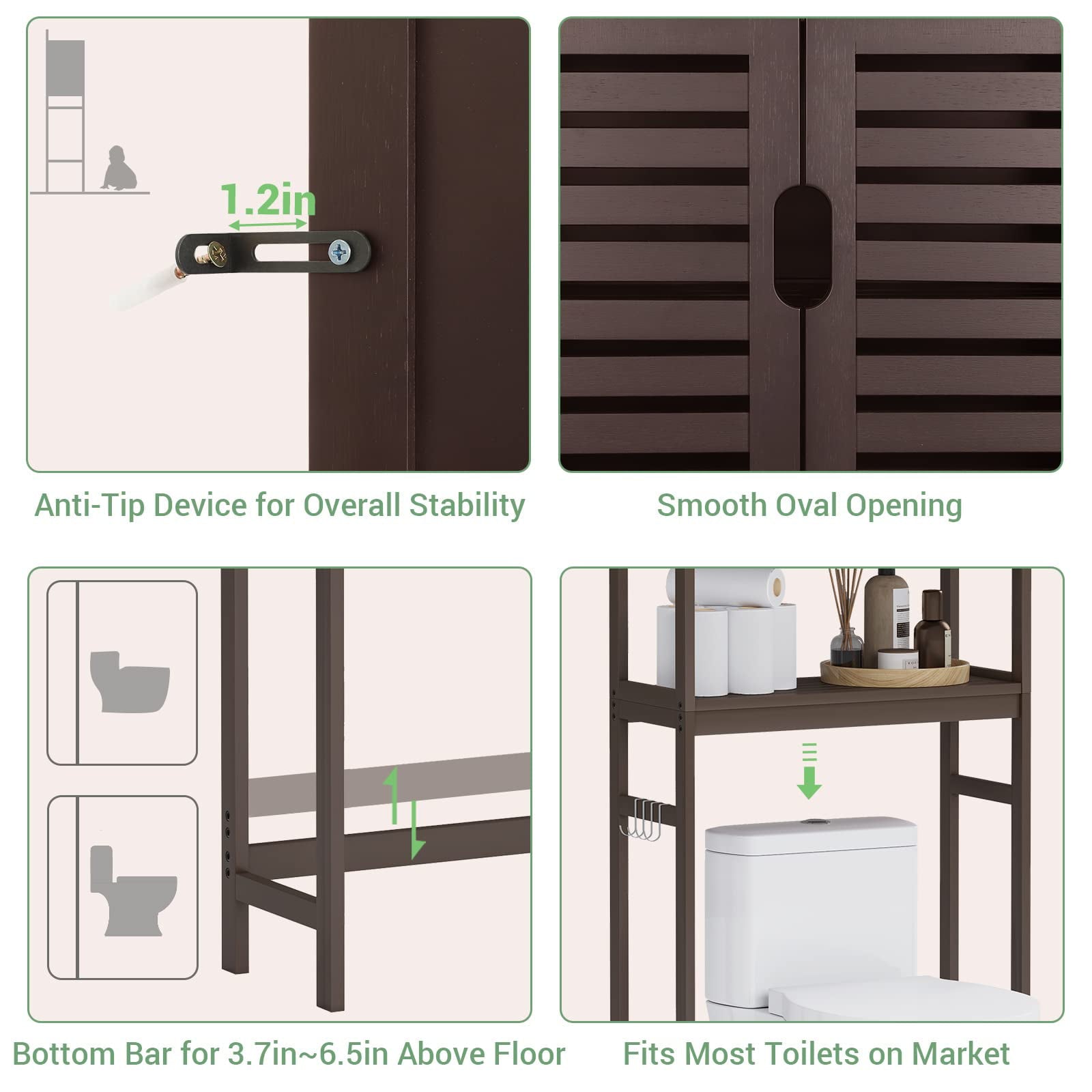 Over The Toilet Storage Cabinet, Freestanding Toilet Shelf with Cupboard and Adjustable Shelve, Brown