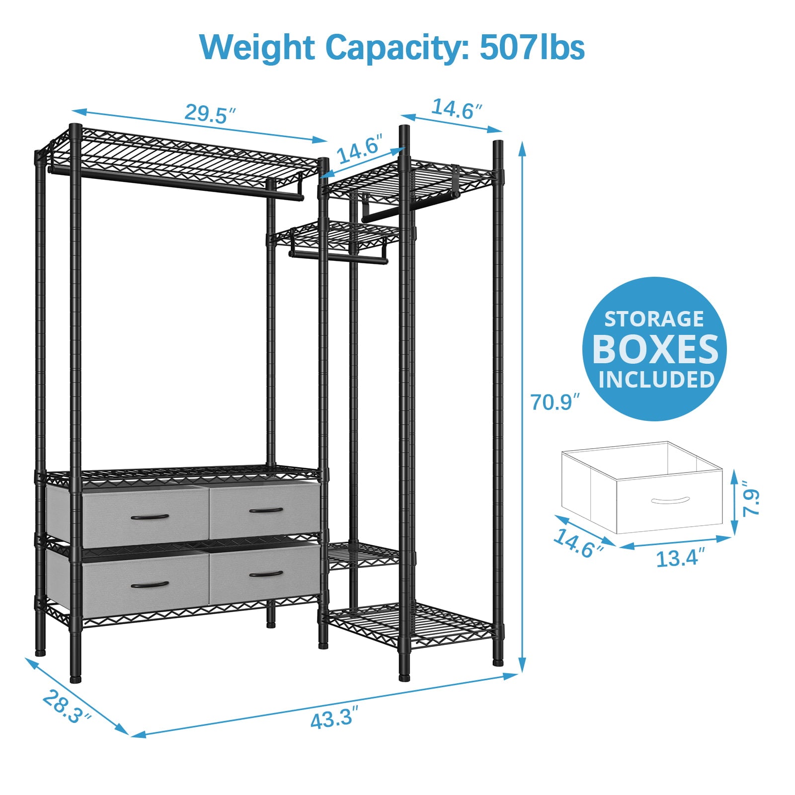 VIPEK L20 L Shaped Garment Rack Clothing Rack, 43.3" L x 28.3" W x 70.9" H, Black