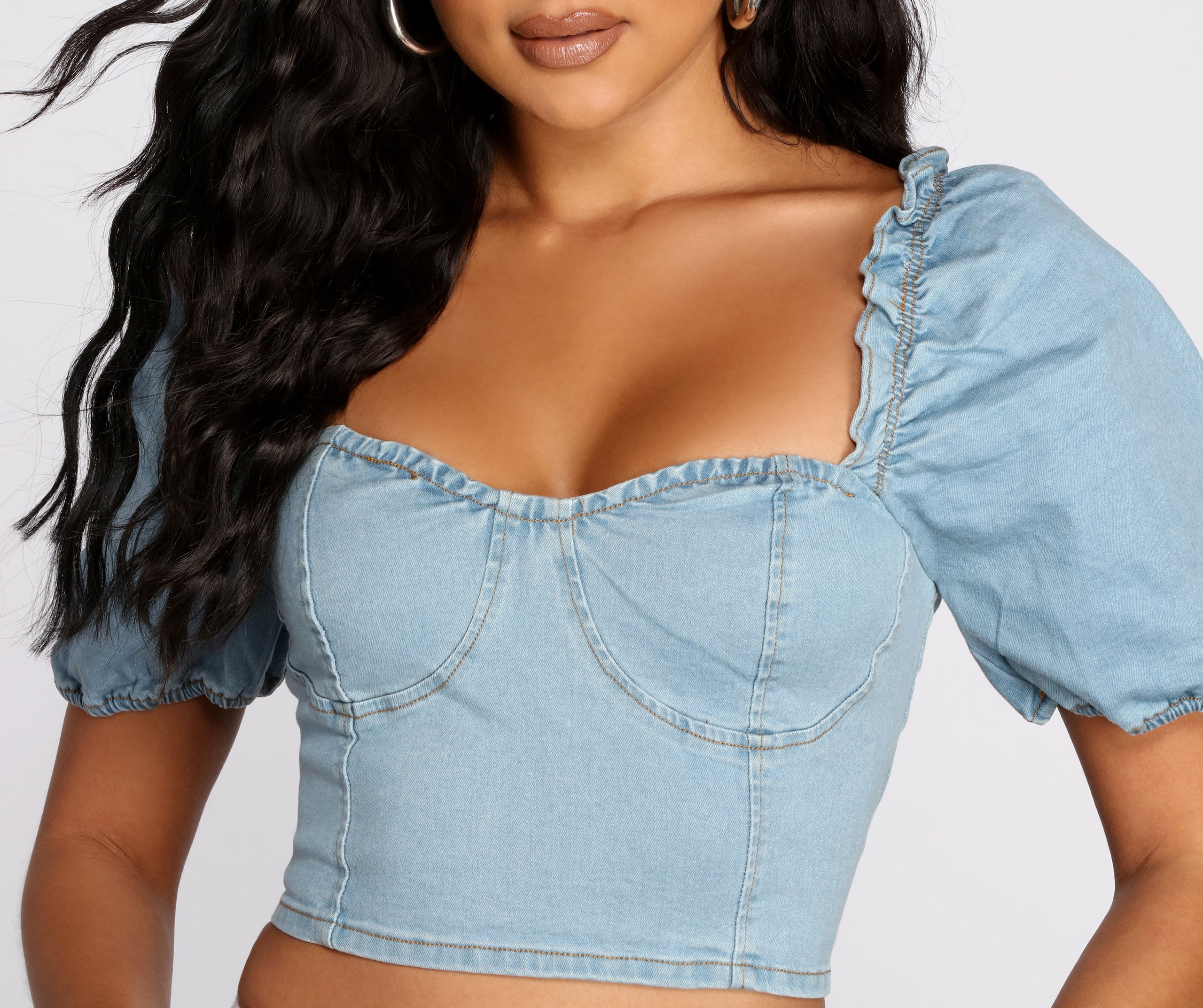 Denim Puff Sleeve Crop Top