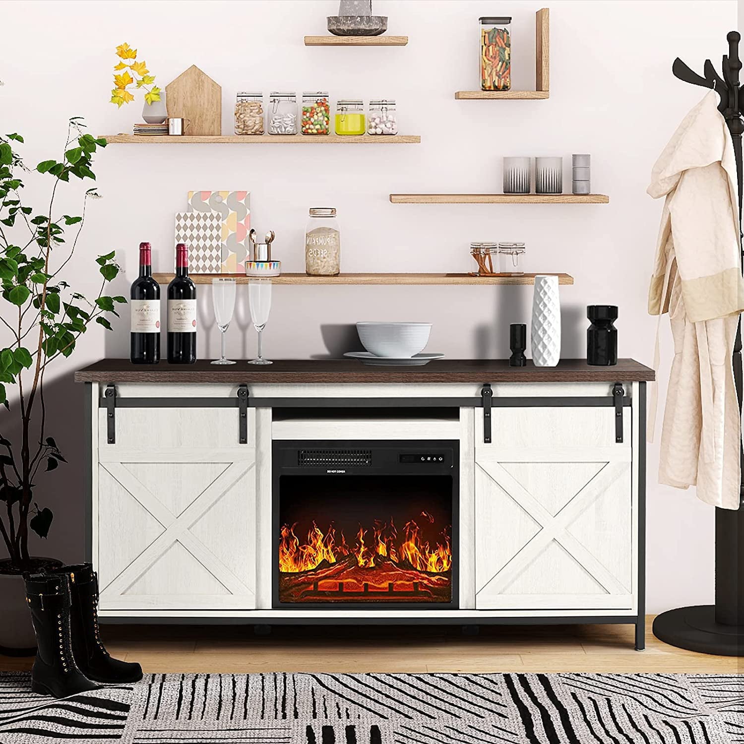 58 Electric Fireplace White TV Stand Up to 65 Inch TV, Entertainment Center with Storage, Sliding Barn Door & Adjustable Shelf, Living Room Bedroom Kitchen