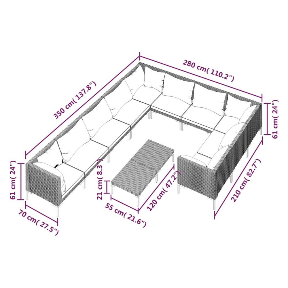 vidaXL 11 Piece Patio Lounge Set with Cushions Poly Rattan Dark Gray   27.6\