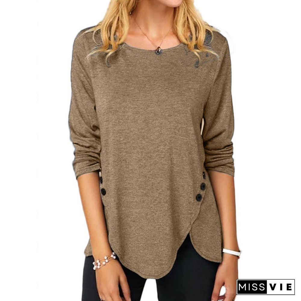 XS-8XL Fashion Clothes Autumn and Winter Tops Women's Causal Solid Color Irregular Shirts Round Neck Button Stitching Loose Blouses Ladies Plus Size Pullover Sweatshirts Long Sleeve Cotton T-shirts