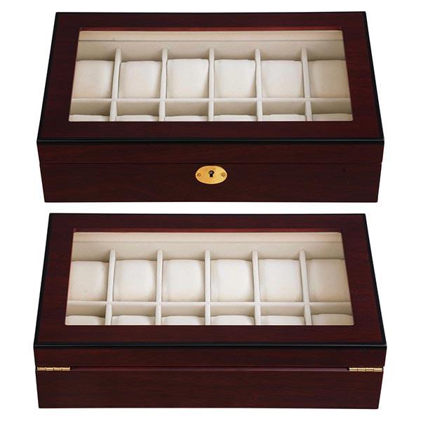 12-Slot Walnut Matte Finish Wood Watch Display Case