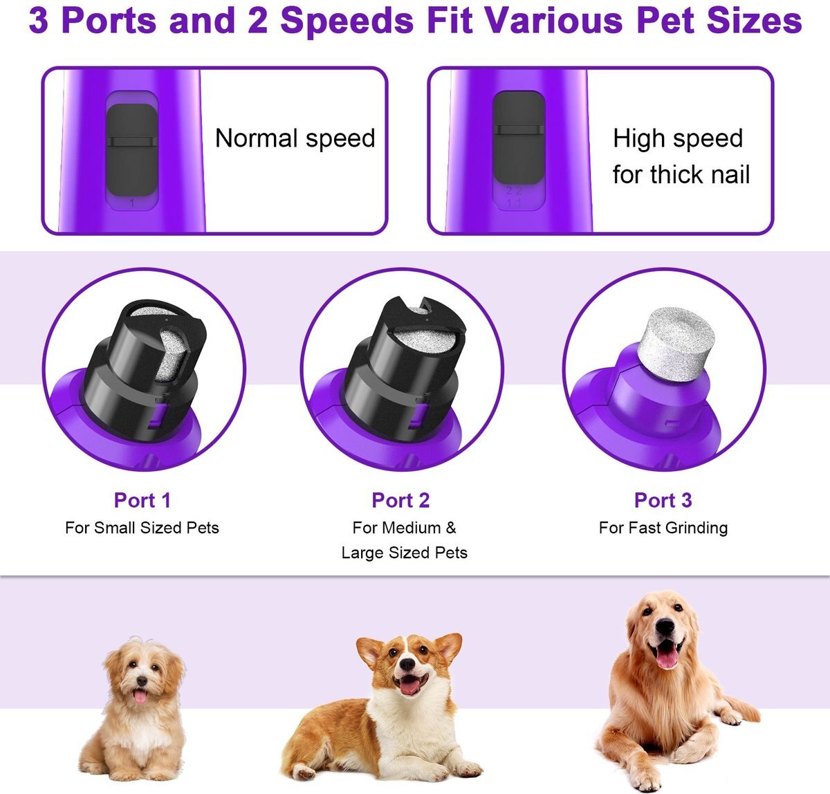 Casfuy 2-Speed Electric Dog Nail Grinder with LED Light， Purple