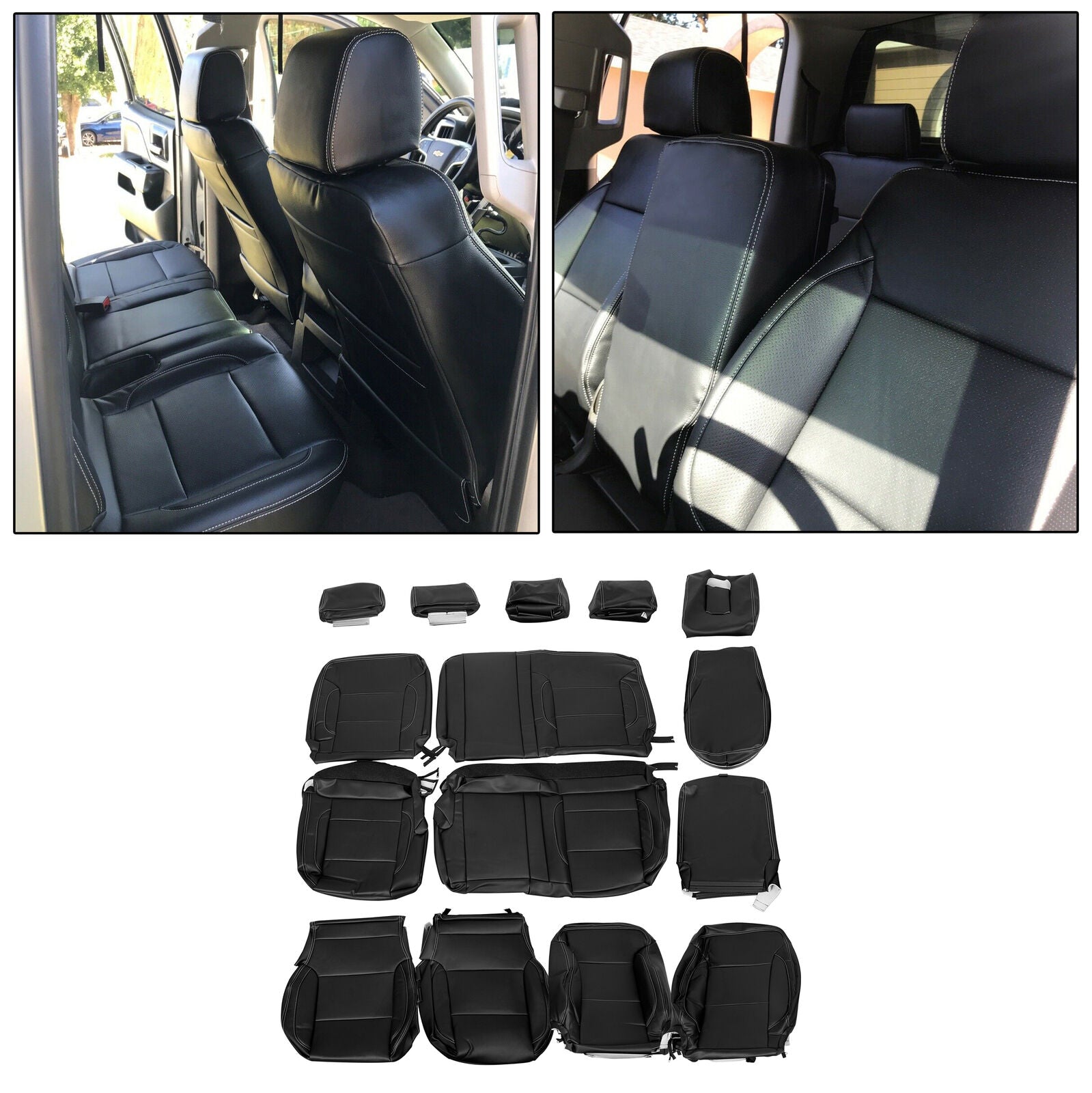 Kojem Full Set Seat Covers Artificial Leather Compatible with 2014-2018 Chevrolet Silverado LT Double Cab Black