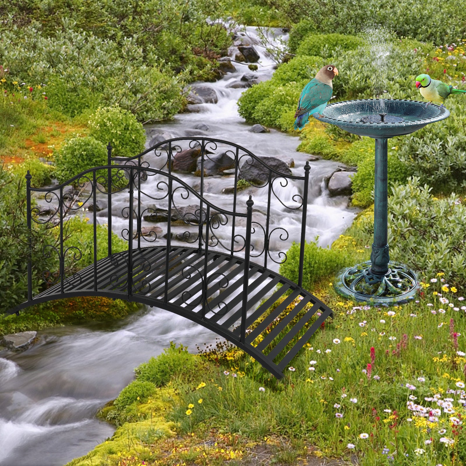 VINGLI 4FT Metal Bridge Garden Bridge with Guardrails for Backyard Decor