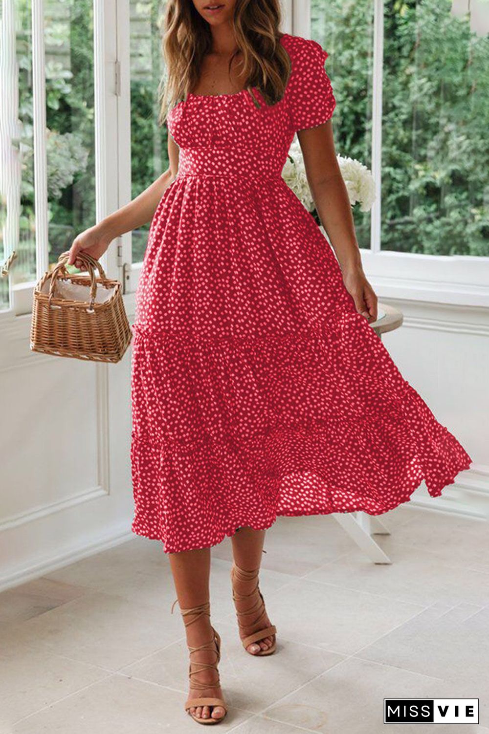 Casual Dot Square Collar Cake Skirt Dresses