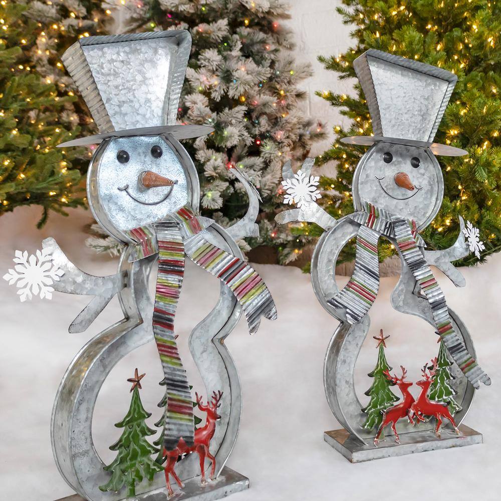 Zaer Ltd. International 30 in. Tall Galvanized Cookie Cutter Snowmen with Christmas Trees and Reindeer (Set of 2) ZR190301