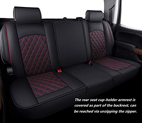 Aierxuan Seat Covers for Cars Full Set Chevy Silverado GMC Sierra Pickup 2007-2021 1500 2500HD 3500HD Crew Double Extended Cab Waterproof Leather Seat Protectors (Full Set， Black-Red)