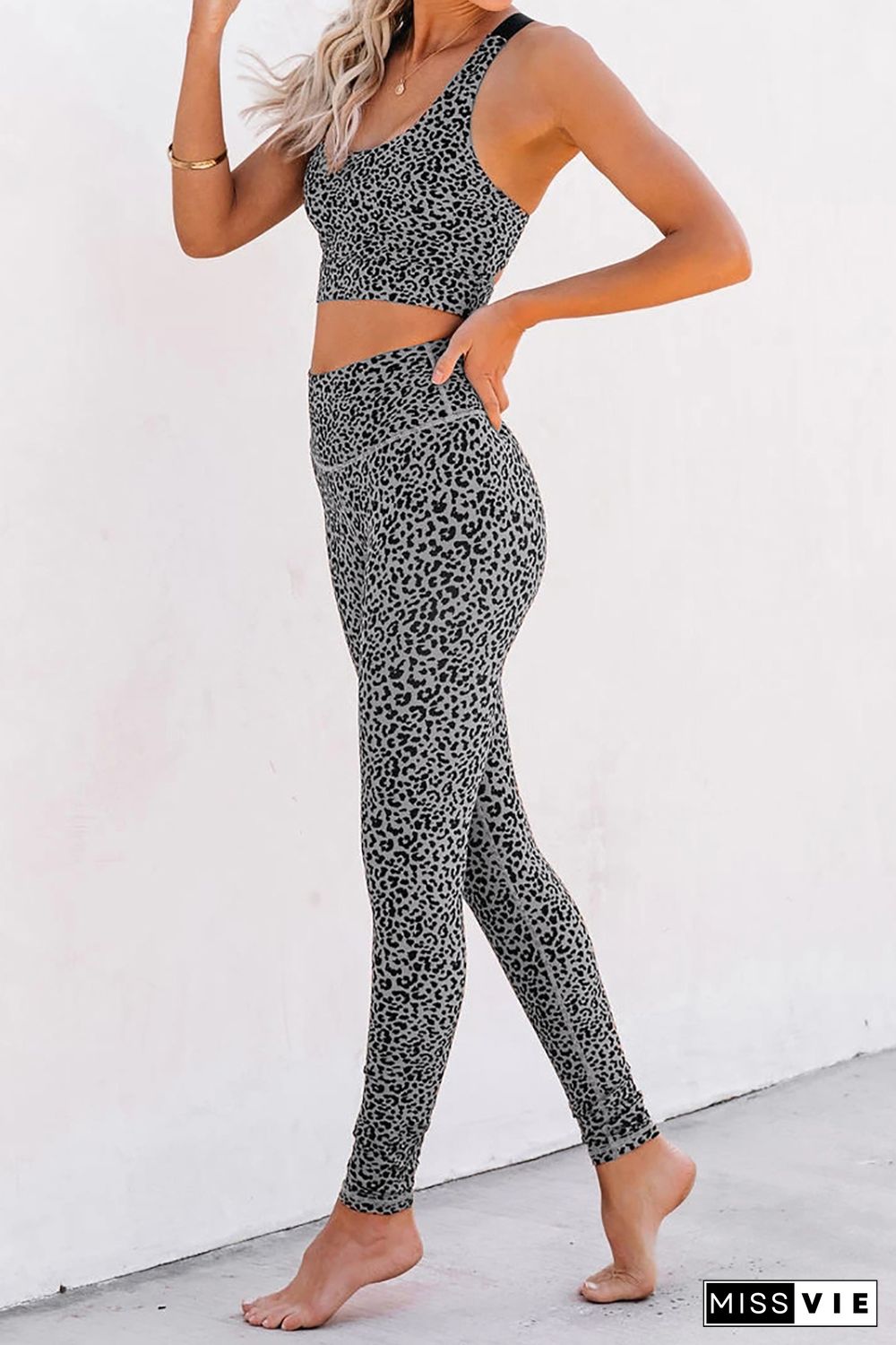 Gray Cheetah Print Sport Bra Pants Set