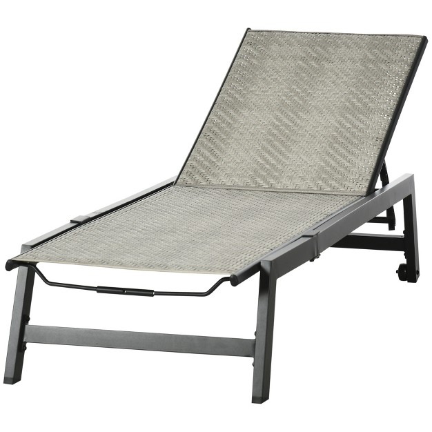 Outsunny Outdoor Chaise Lounge Chair Waterproof Rattan Wicker Pool Furniture With 5 position Reclining Adjustable Backrest amp Wheels Gray