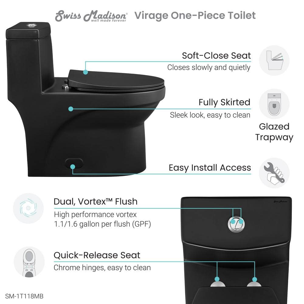 Swiss Madison Virage 1-piece 1.1/1.6 GPF Dual Flush Elongated Toilet in Matte Black, Seat Included SM-1T118MB