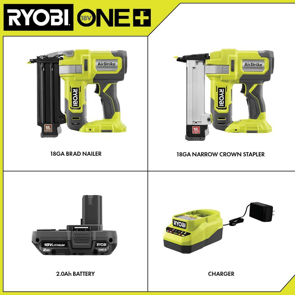 RYOBI ONE+ 18V Cordless 18-Gauge Brad Nailer with 18-Gauge Narrow Crown Stapler 2.0 Ah Battery and Charger P321-P361-PSK005