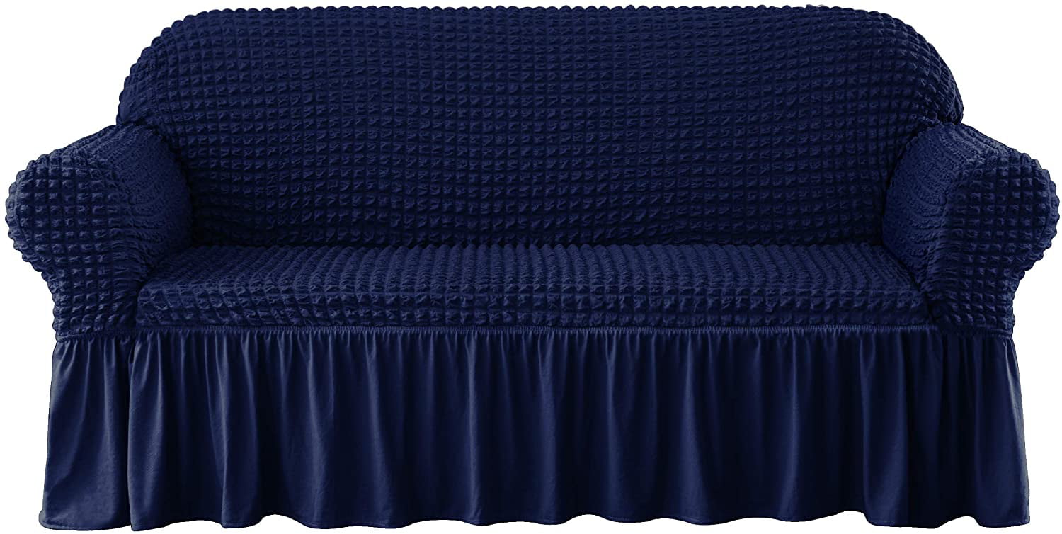 Subrtex 1-Piece Seersucker Sofa Slipcover Skirt Stretch Couch Cover (Loveseat, Navy Blue)