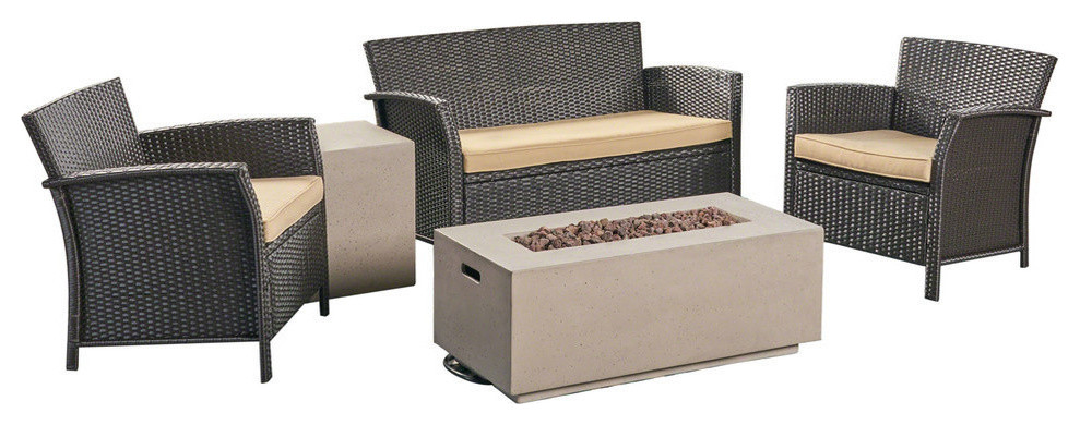 GDF Studio Mason Outdoor 4 Seat Chat Set With Fire Pit  Brown  Tan and Gray   Tropical   Outdoor Lounge Sets   by GDFStudio  Houzz