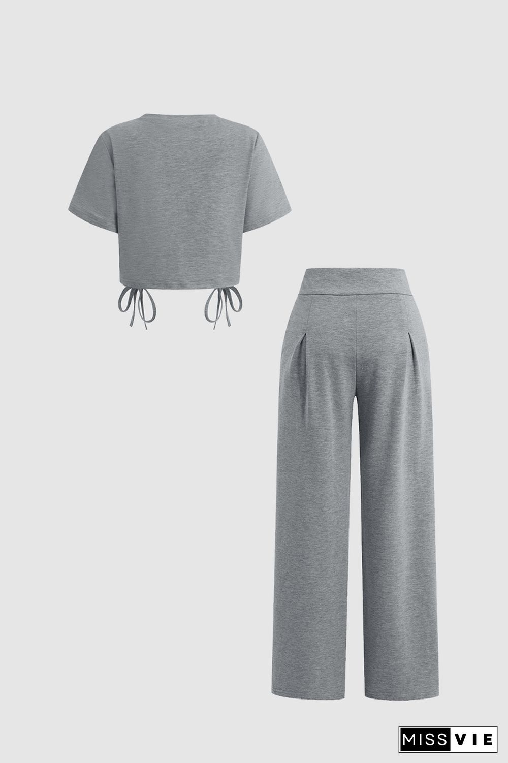 Solid Drawstring Crop Top & Slant Pocket Pants Set