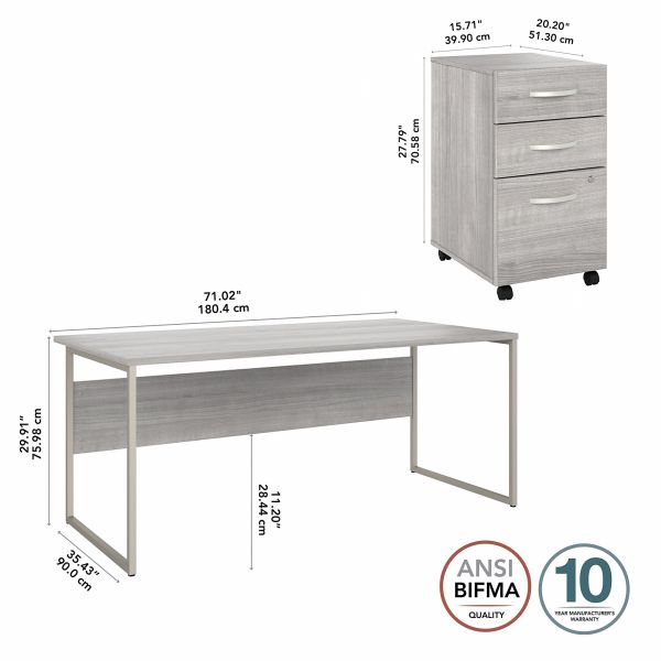 Bush Business Furniture Hybrid 72W x 36D Computer Table Desk with 3 Drawer Mobile File Cabinet in Platinum Gray