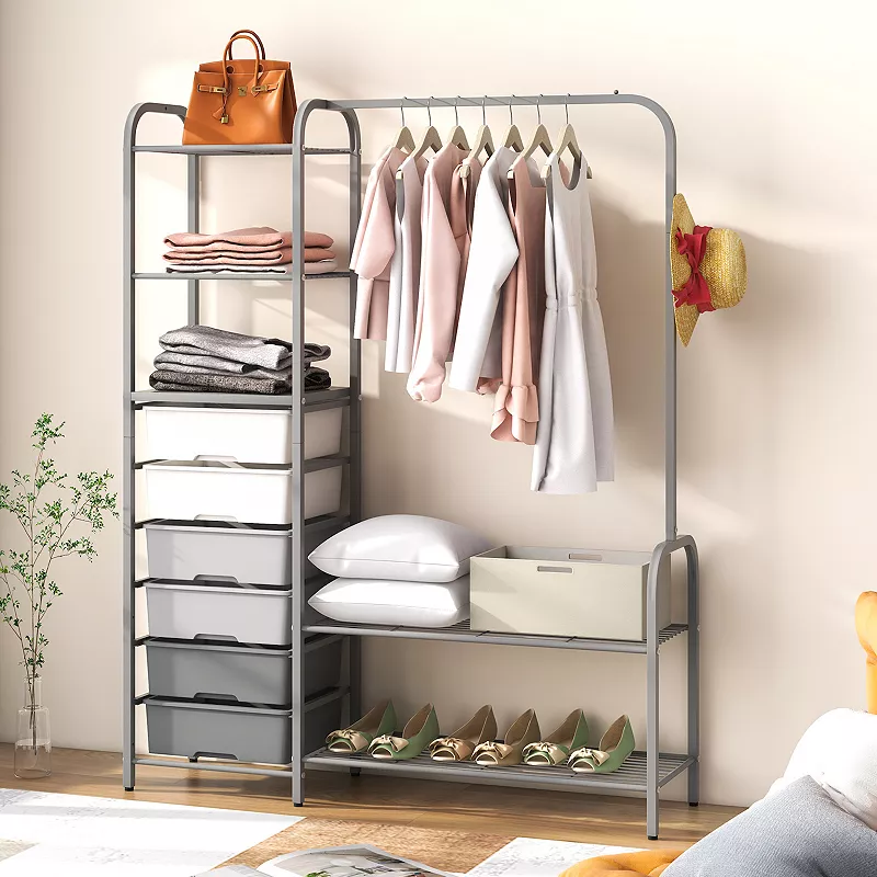 Free Standing Closet Organizer with Removable Drawers and Shelves-Grey