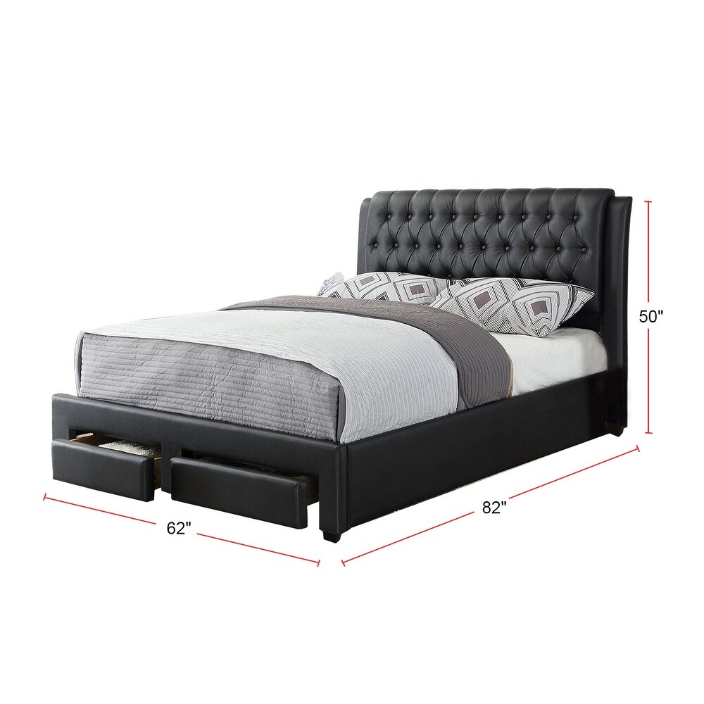 Black Faux Leather Bed with Storage Drawers