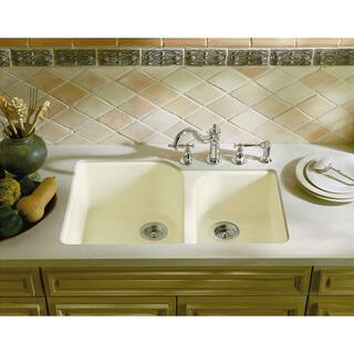 KOHLER Executive Chef Undermount Cast Iron 33 in. 4-Hole Double Basin Kitchen Sink in White with Basin Rack K-5931-4U-0-6001-ST