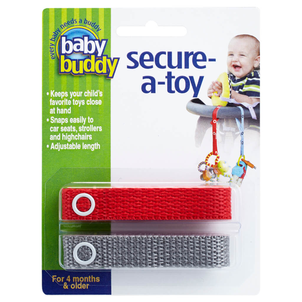 Baby Buddy Secure-A-Toy, Safety Strap Secures Toys, Teether, or Pacifier to Stroller, Highchair, Car Seat, Red-Gray