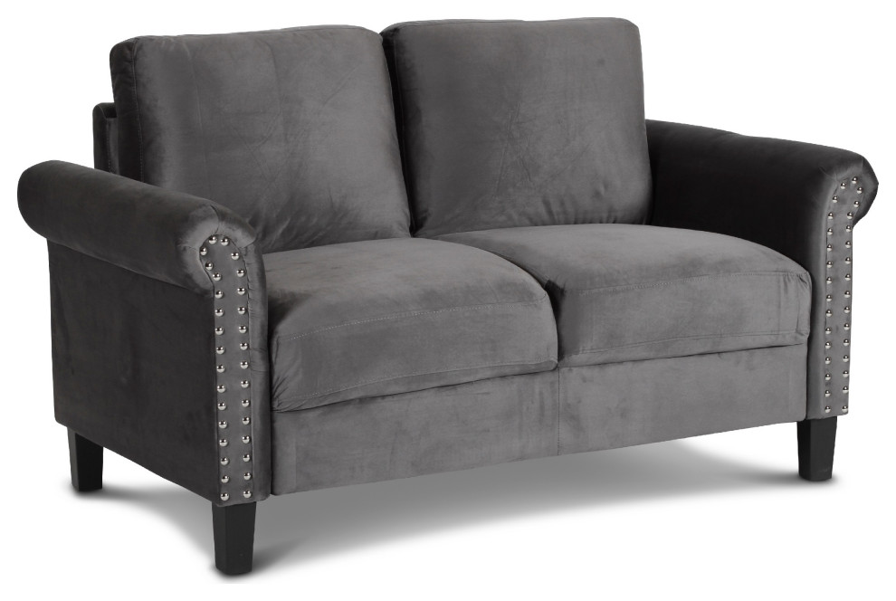 Benzara BM271912 60 quotVelvet Upholstered Loveseat With Nailhead Trim  Gray   Transitional   Loveseats   by VirVentures  Houzz