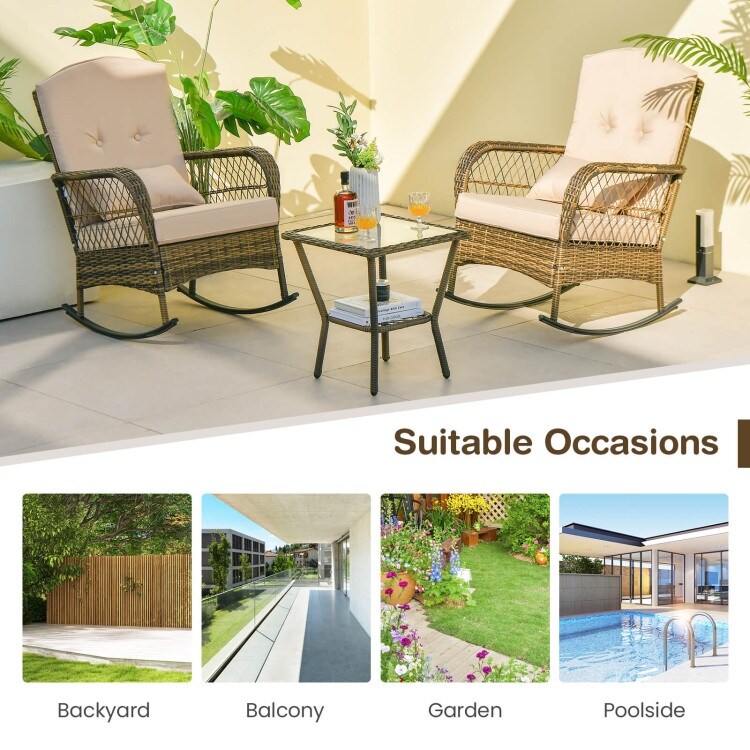 3 Pieces Outdoor Hand Woven PE Rattan Conversation Set with Tempered Glass Side Table Beige   N/A