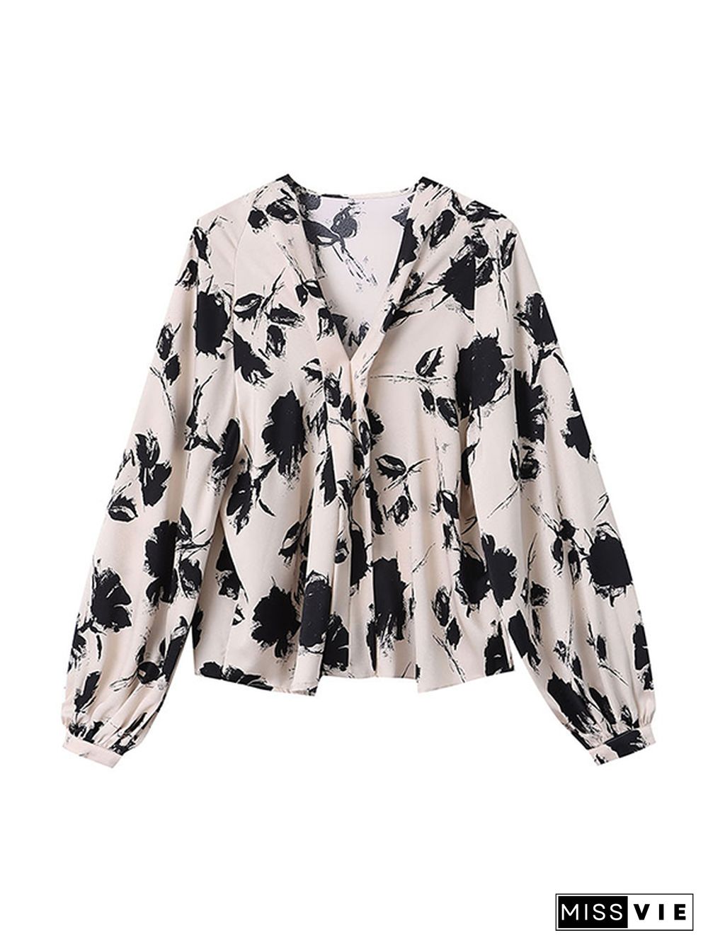 Casual Loose Puff Sleeves Printed V-Neck Blouses&Shirts Tops