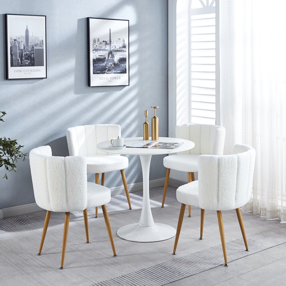 5 pieces Round Dining Table Set with Upholstered Dining Chairs  White