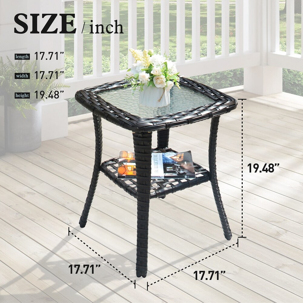 OVIOS Patio Outdoor Wicker Side Table with Glass Top