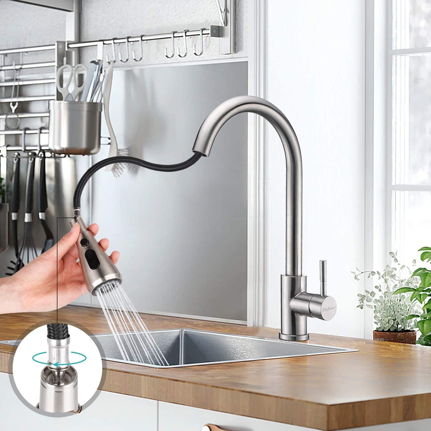 SkyGenius Pull Down Kitchen Faucet with Sprayer Single Handle Sink Faucet Brushed Nickel for Kitchen