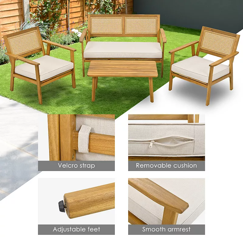 Merax 4-piece Acacia Wood Sofa Set， Outdoor Living Space Furniture， Garden Set， Backrest With Wicker Mesh Design