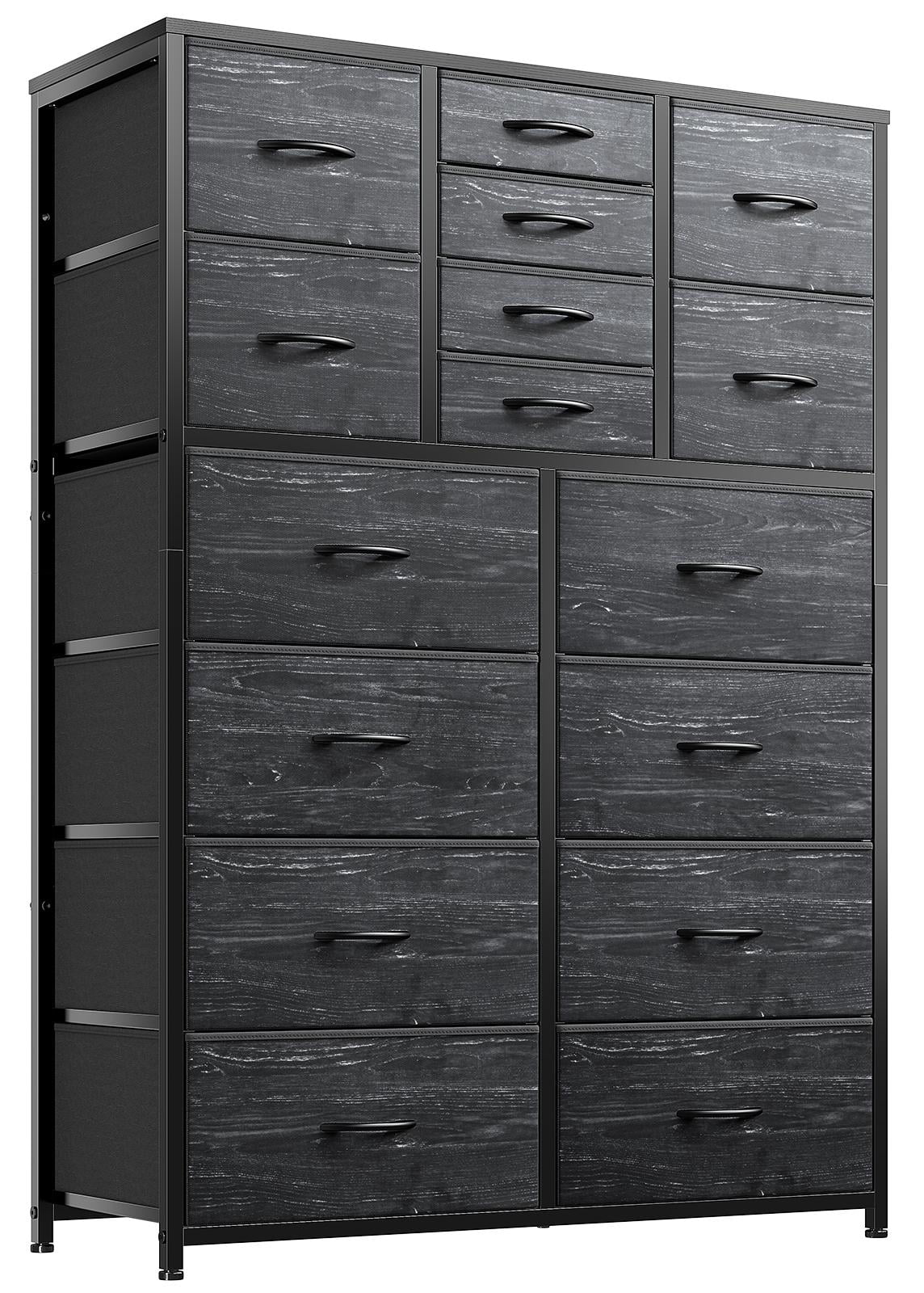 EnHomee Tall Dresser for Bedroom Dresser with 16 Drawers Fabric Large Dresser Closet Dresser Slim Chest of Drawers Storage Tower for Living Room, Office, Bedroom, Charcoal Black Wood Grain Print