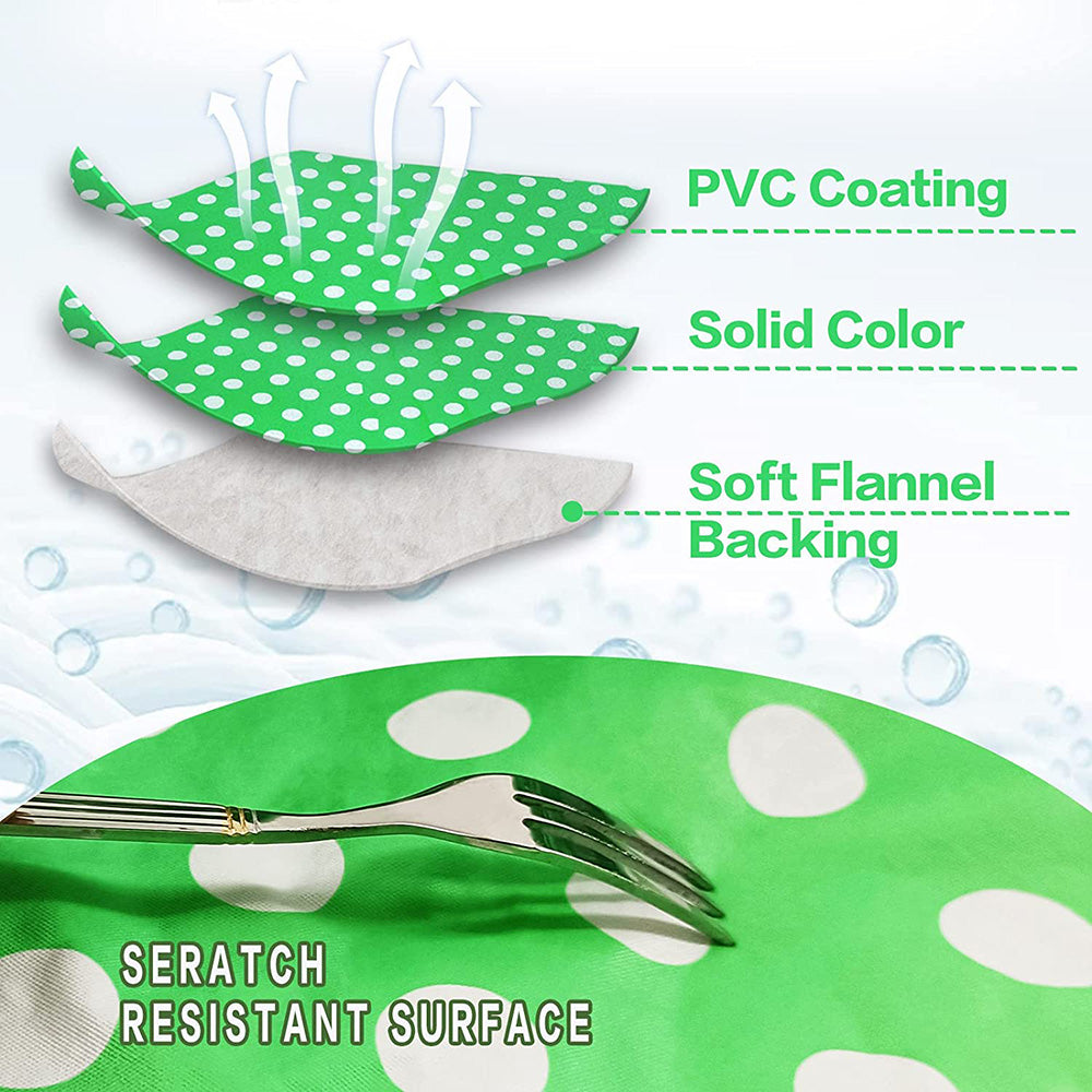 Vinyl Round Fitted Tablecloth With Umbrella Hole Table Cover With Flannel Backing Oil&Waterproof Wipeable Vibrant Colors Elastic Edge Table Cover - Green Polka Dots 45-56"