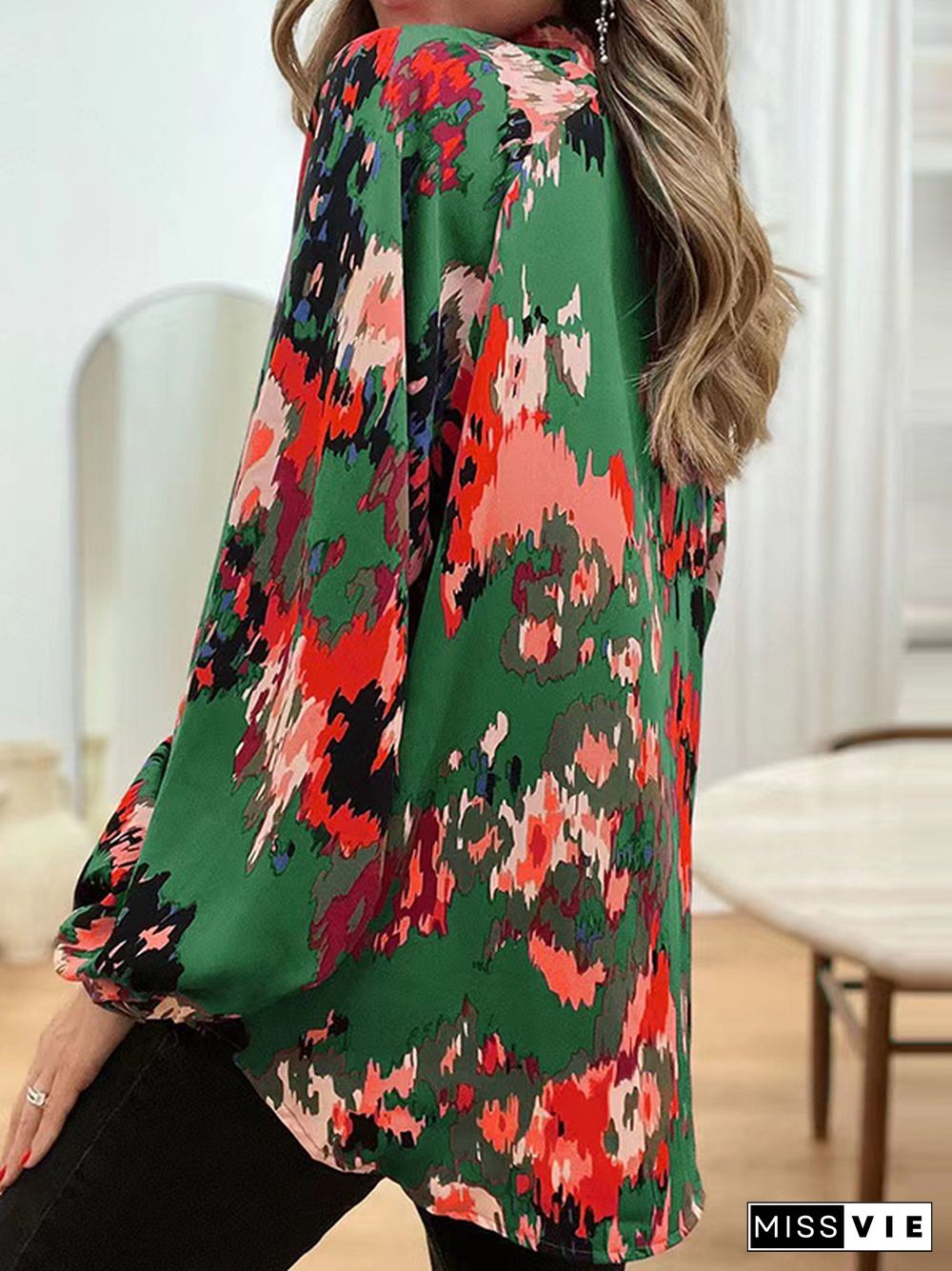 Long Sleeves Loose Printed V-Neck Blouses&Shirts Tops